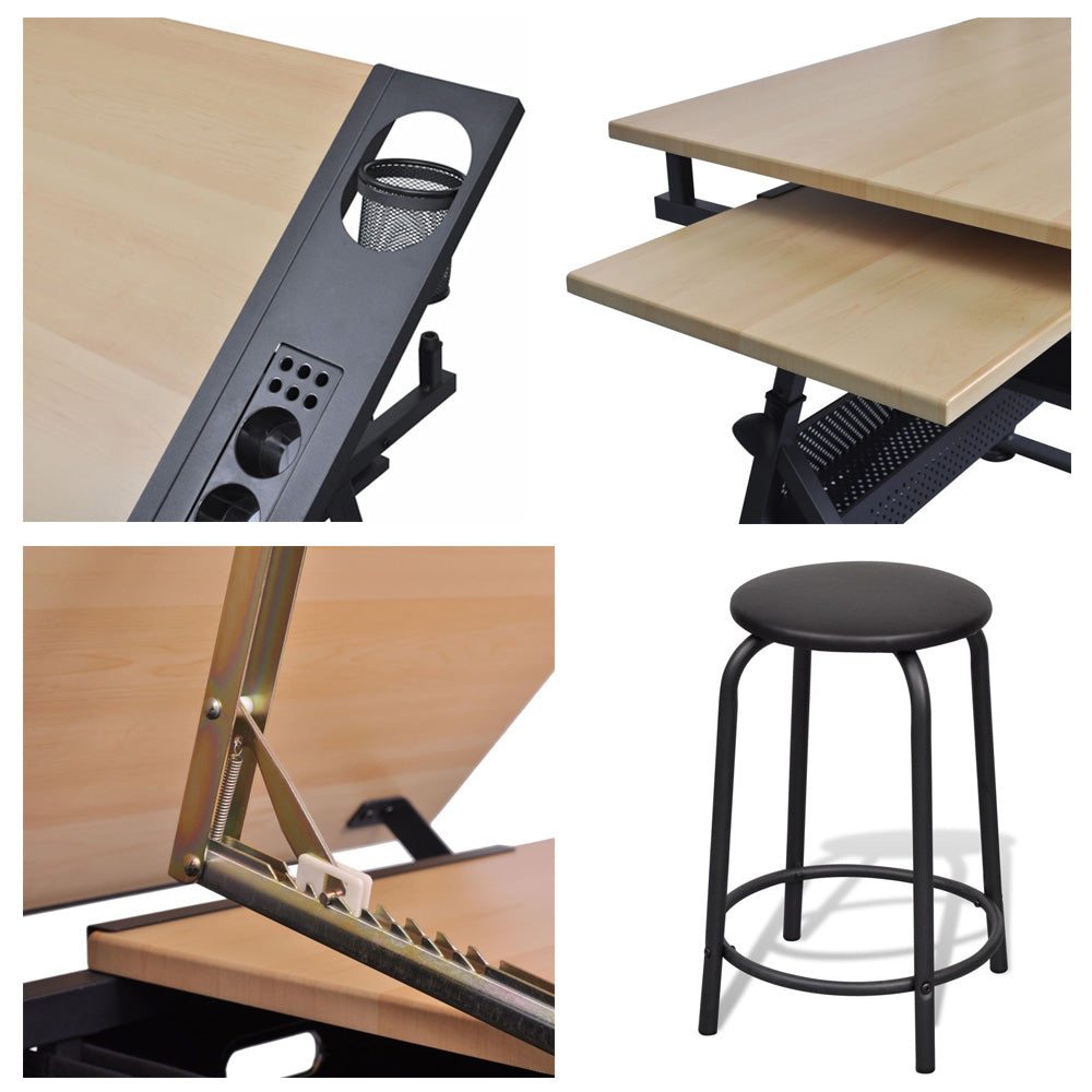 Tilt Drafting Table Stool Set Drawing Desk 2 Drawer Computer Office