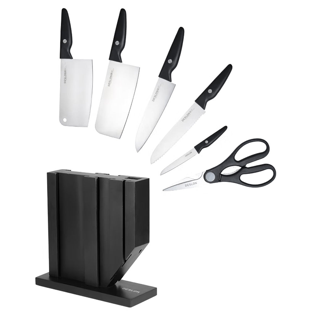 7 Pc Stainless Steel Kitchen Knife Set With Wooden Block & Scissors - Black