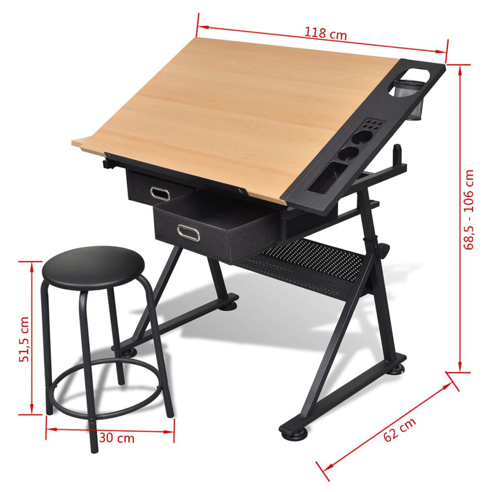 Tilt Drafting Table Stool Set Drawing Desk 2 Drawer Computer Office