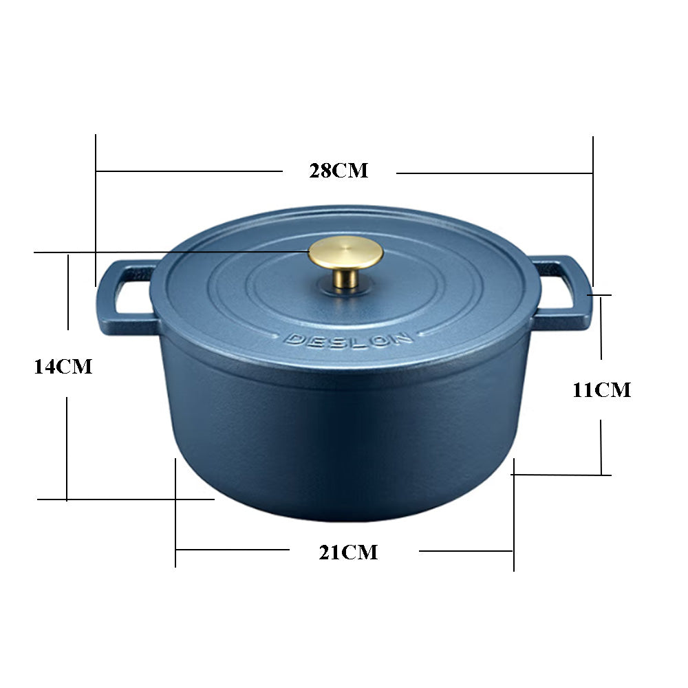 Deslon Blue Enamel Cast Iron Casserole Cooking Stew Deep Pot with Lid 21 CM
