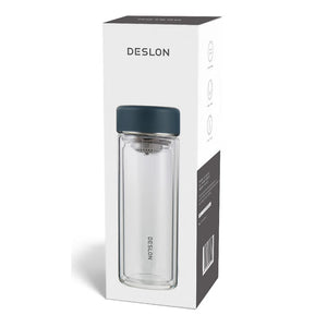 Deslon double wall 360ml glass water bottle with stainless steel tea infuser