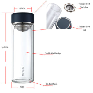 Deslon double wall 360ml glass water bottle with stainless steel tea infuser