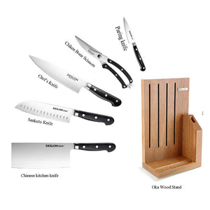 Deslon Premium 6 pieces Stainless steel knife block set Oak Wood Stand