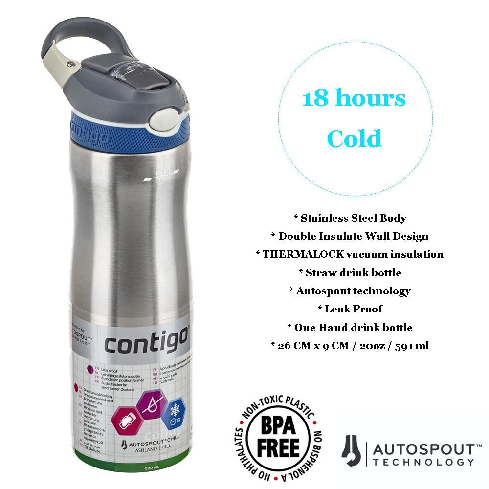 Contigo Ashland Chill Autospout Drink Bottle 591mL - Silver/Monaco Blue