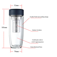 Deslon double wall 280ml glass water bottle with stainless steel tea infuser